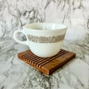 Vintage Pyrex milk glass coffee cup woodland pattern
